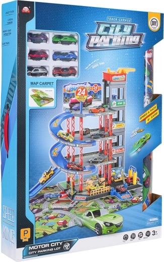 Méga parking à plusieurs niveaux avec tapis de jeu et accessoires