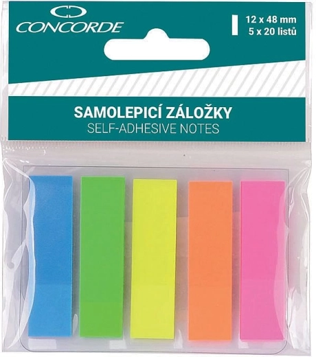 Onglets autocollants fluorescents CONCORDE 12 × 48 mm, 5 couleurs