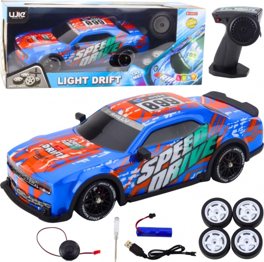 Voiture de sport RC avec carrosserie rétroéclairée et roues de drift – bleu