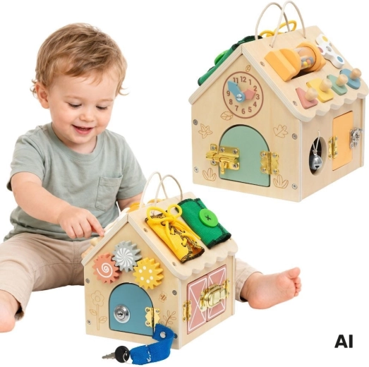 Maison d’activités en bois TOOKY TOY (manipulation) avec activités et serrures