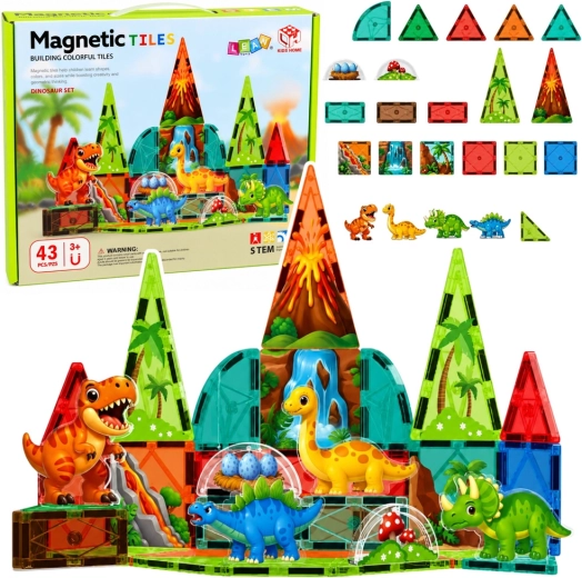 Pièces de construction magnétiques dinosaures – volcan, set coloré 43 pcs