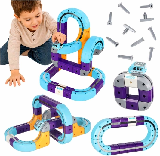 Circuit de course magnétique à construire avec petite voiture, 54 pièces