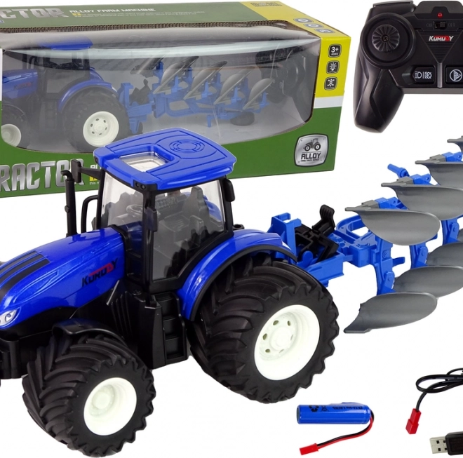 Tracteur RC 1:24 avec carrosserie métallique et charrue – bleu
