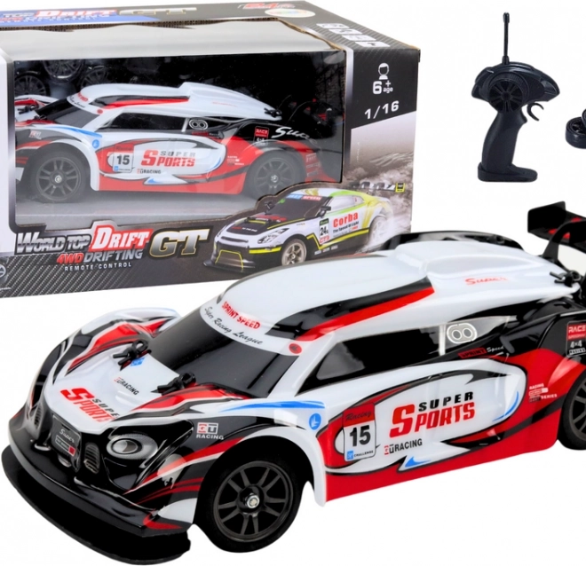 Voiture de course RC 1:16 Drift avec roues interchangeables rouge-blanc