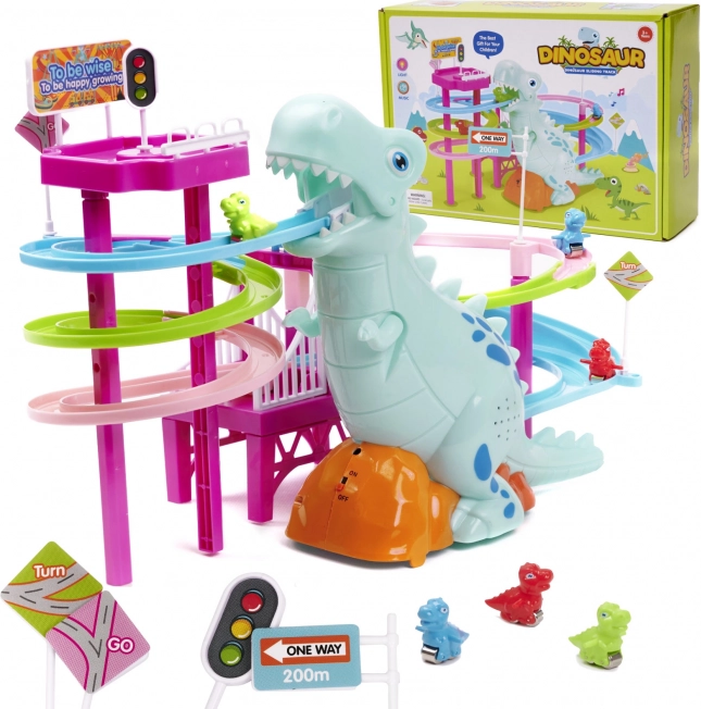 Piste de course dinosaures avec toboggan, escalier mobile, LED et sons