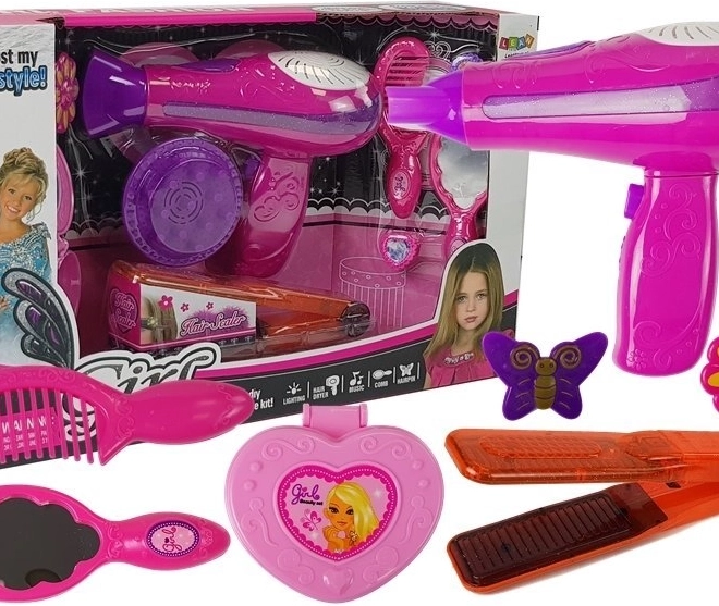 Ensemble de beauté avec accessoires sèche-cheveux et fer à lisser rose