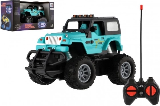 Voiture RC tout-terrain 14cm plastique 27MHz à piles avec lumière en boîte 20x11x10cm – Turquoise