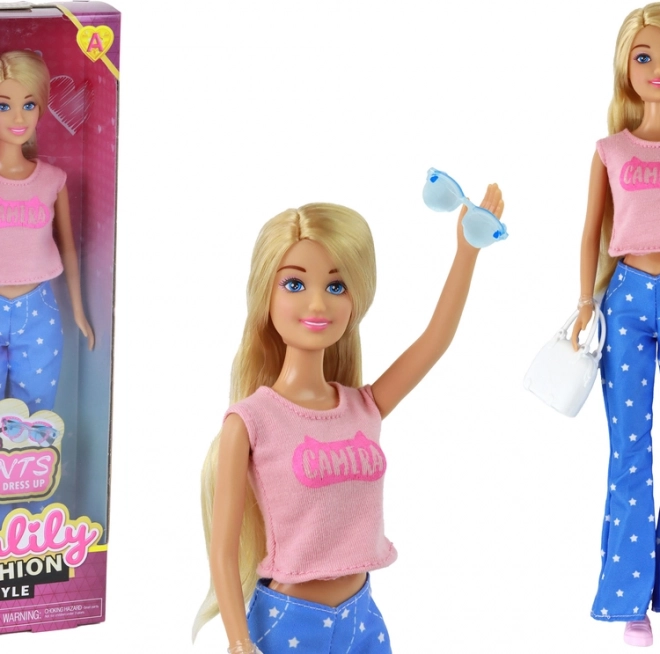 Baby Doll Anlily Cheveux longs blonds Sac à main Lunettes Chemisier – chemisier rose