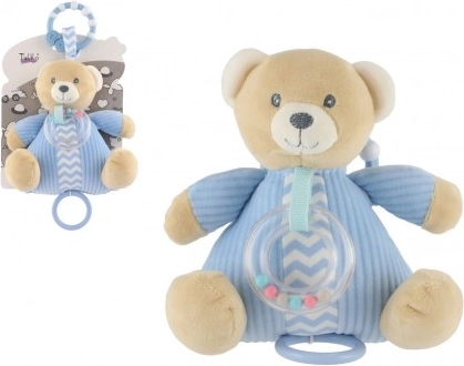 Ourson en peluche avec boîtier musical à remonter et hochet, bleu 18 × 18 cm