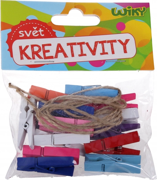 Mini-pinces à linge en bois colorées 3,5 cm avec ficelle, 15 pcs
