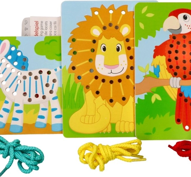 Jouets en bois à enfiler Goki - Perroquet, Lion et Zèbre