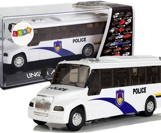 Bus de police blanc avec moteur mécanique et effets sonores