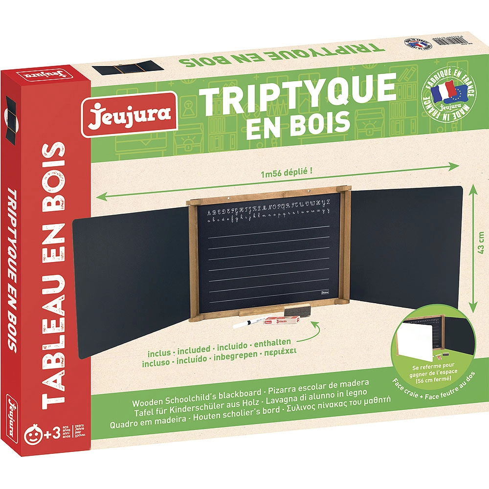Tableau Mural 3 Volets En Bois OTTO - Double Face Craie Et Feutre 156x43cm Avec Accessoires