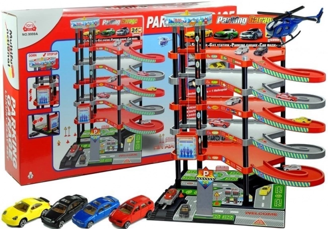 Parking avec ascenseur et voitures, 5 étages