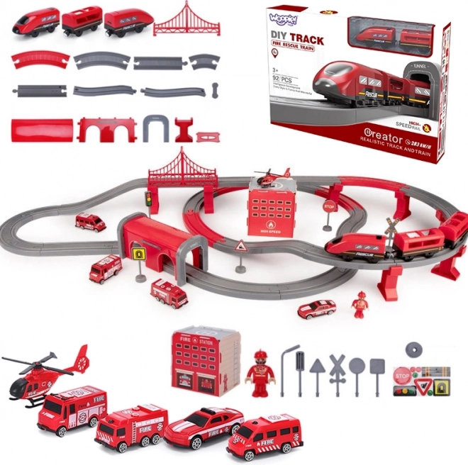 Woopie circuit de train de pompiers électrique avec voitures et hélicoptère, 92 pièces