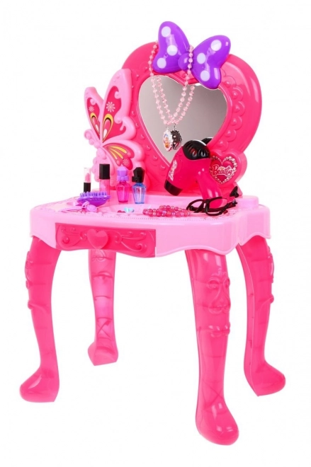 Coiffeuse rose avec miroir et tabouret + accessoires de coiffure et sèche-cheveux