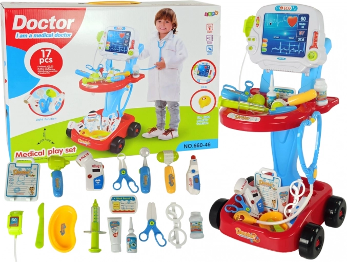 Chariot médical avec table et ECG, set pour enfants 17 pièces