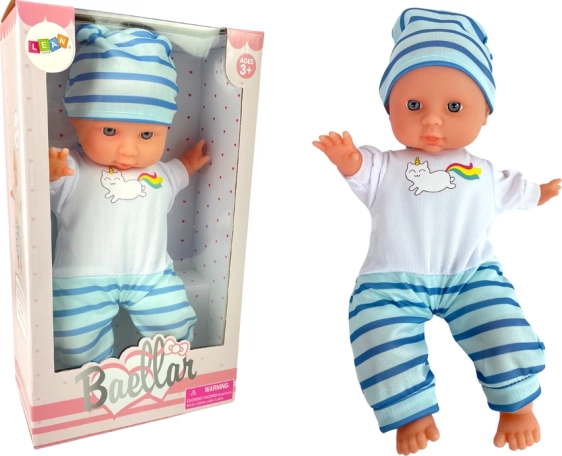 Poupée bébé en pyjama rayé bleu et blanc, 30 cm