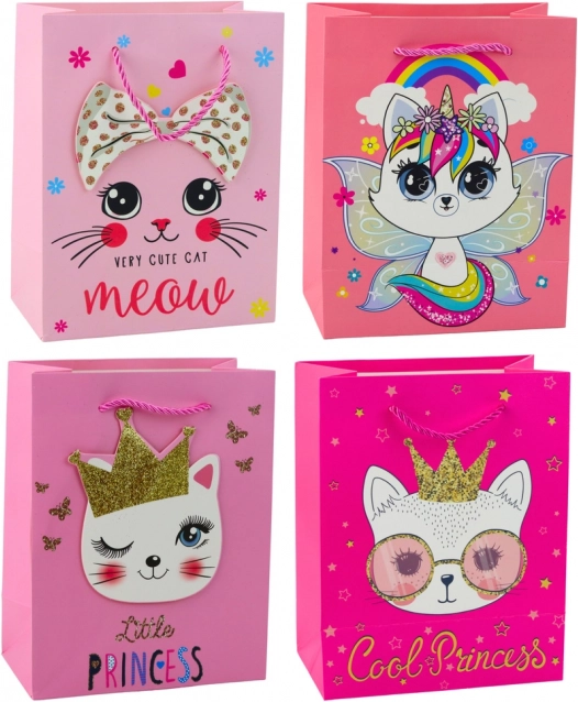 Sac cadeau en papier rose avec chatons et paillettes 23 x 18 x 10,5 cm
