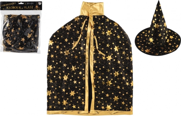 Chapeau et cape de sorcier/sorcière pour enfant noir et or, diamètre 38 cm