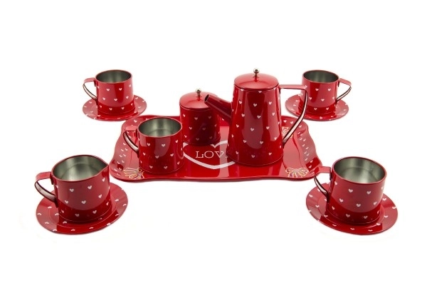Vaisselle rouge en métal 14 pièces dans une boîte 34x24cm