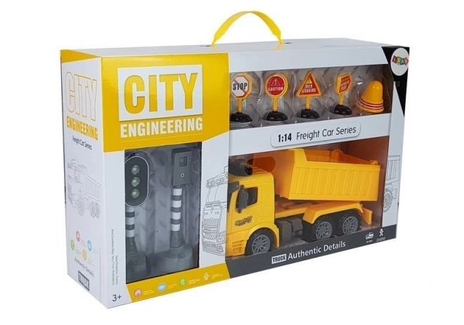Ensemble de construction camion avec signaux routiers et lumières 1:14 jaune