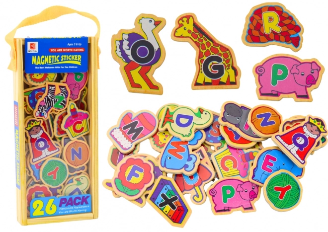 Ensemble de magnets en bois lettres images animaux 26 pièces