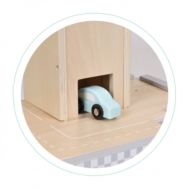 ECOTOYS Grande garage en bois avec ascenseur et petites voitures