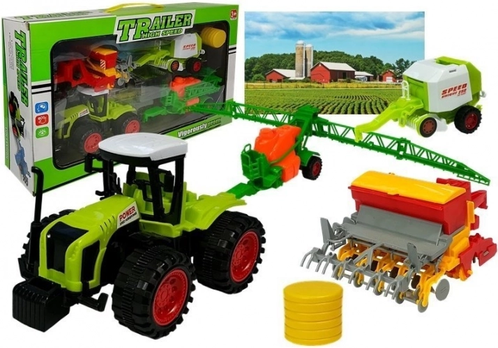 Set de ferme ludique avec tracteur, pulvérisateur et presse