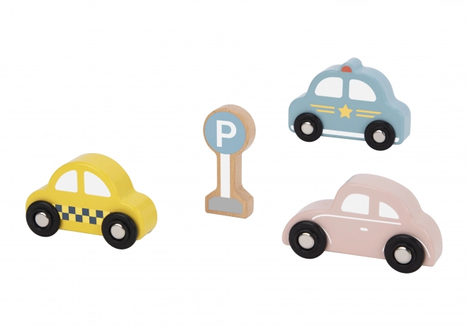 Ensemble de véhicules et de panneaux de signalisation en bois