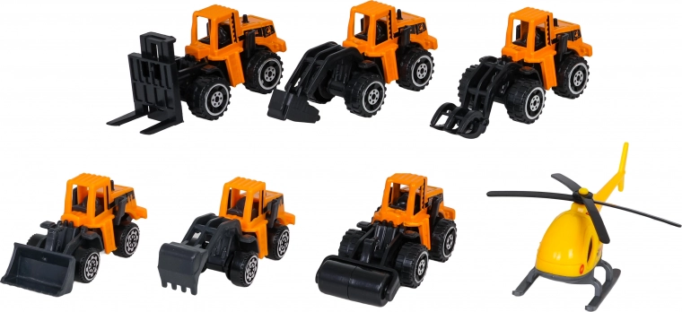 6 véhicules de chantier et un hélicoptère