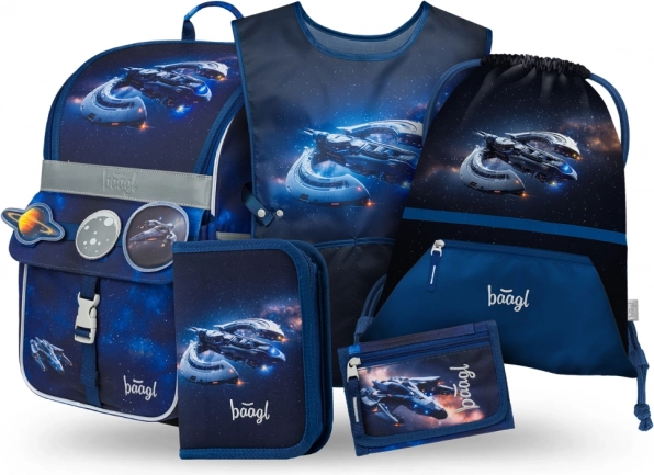 Set de fournitures scolaires Vaisseau spatial : cartable, trousse, sac, tablier, porte-monnaie