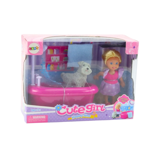 Mini ensemble poupée avec baignoire et chien blanc
