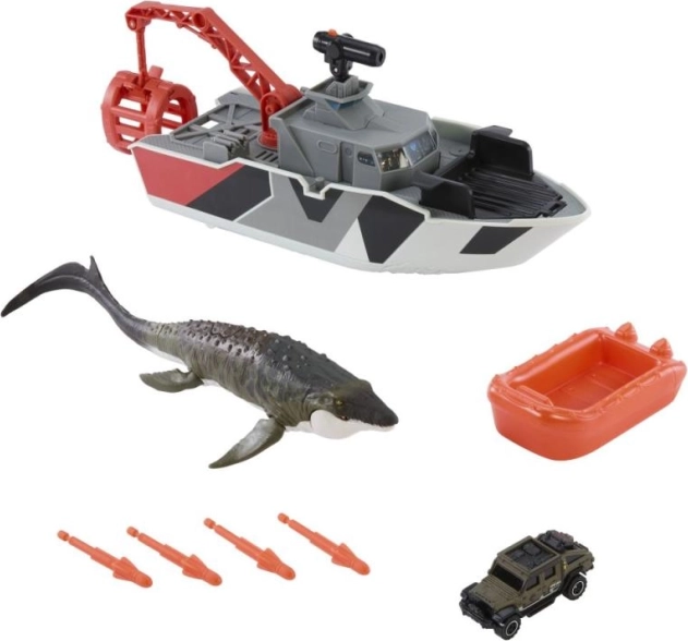 Matchbox Monde Jurassique bateau de sauvetage avec mosasaure et Jeep