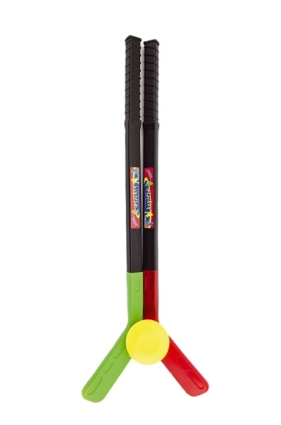 2 bâtons de hockey avec palet en plastique 70cm dans un filet