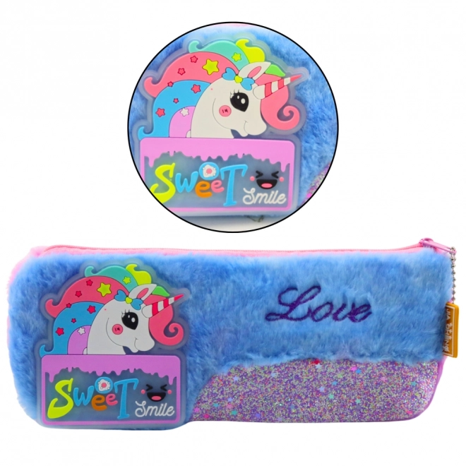 Trousse en peluche avec licorne bleue avec des éléments scintillants