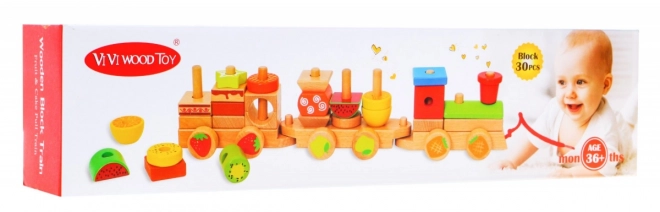 Locomotive en bois avec trois wagons pour enfants 3+ Jouet sensoriel + 27 blocs