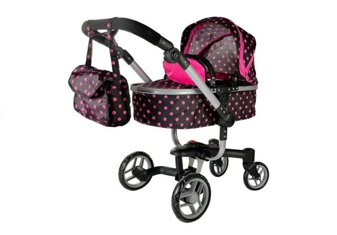 Poussette pour poupées noire avec des pois roses