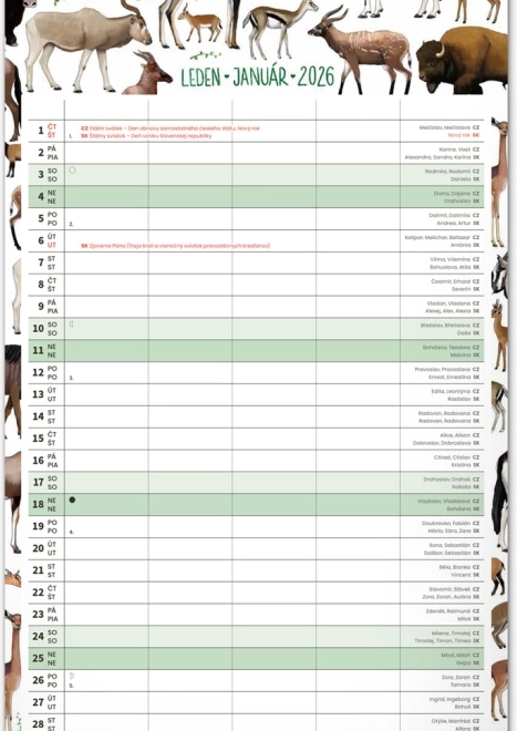 Calendrier mural Planificateur familial 2026 avec illustrations Animalium