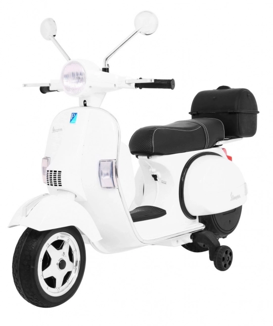 Scooter électrique pour enfants Vespa blanc avec roulettes auxiliaires, audio et similicuir
