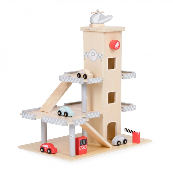 ECOTOYS Grande garage en bois avec ascenseur et petites voitures