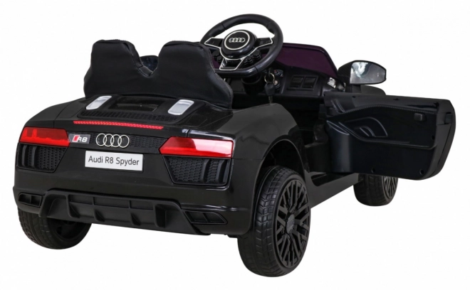 Audi R8 voiture électrique enfant noire avec télécommande, roues EVA, démarrage lent et MP3 LED