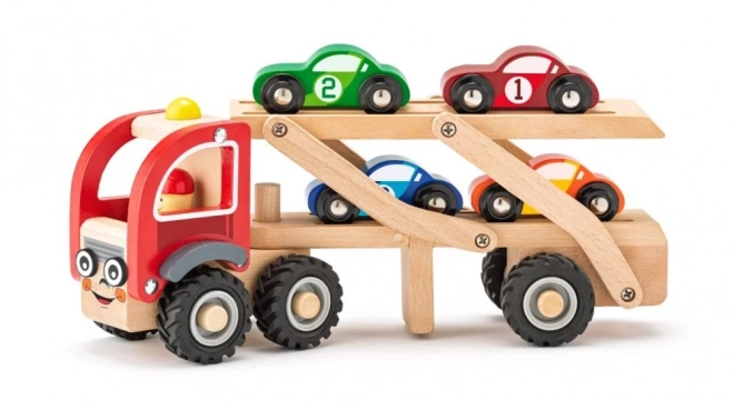 Camion en bois avec 4 petites voitures de course