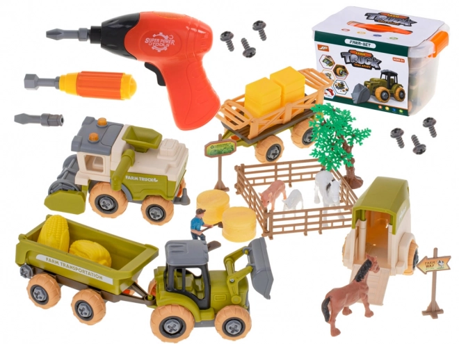 Ensemble fermier avec tracteurs et animaux domestiques