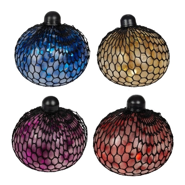 Boule anti-stress à presser en filet de boue 10cm avec paillettes 4 couleurs en boîte 9x9,5x9cm