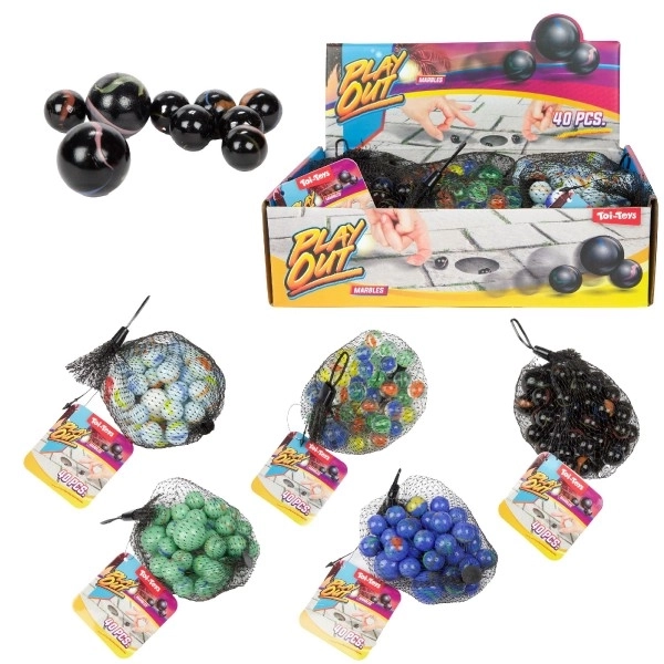 Billes en verre de différentes tailles 40 pcs mélange de couleurs dans un filet 12 pcs en boîte