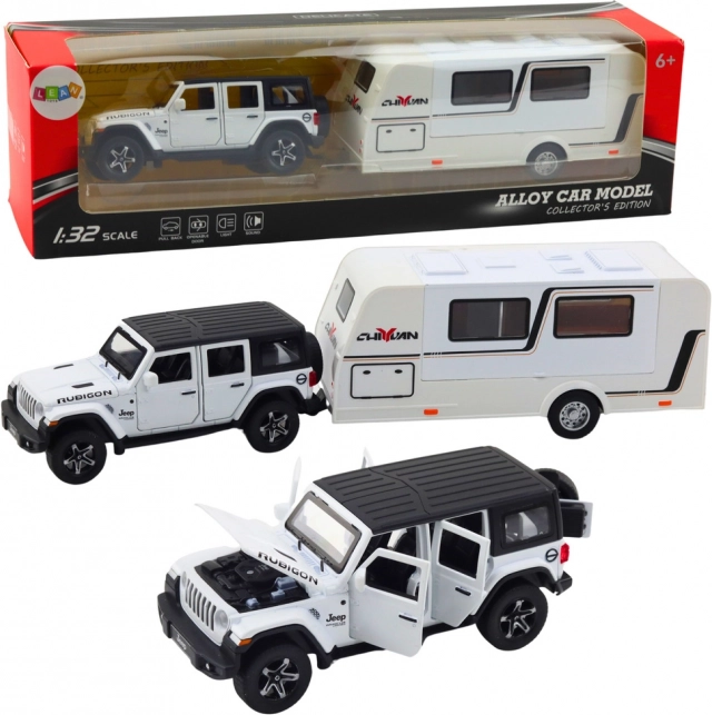 Voiture tout-terrain en métal avec caravane 1:32, lumières et sons, blanche