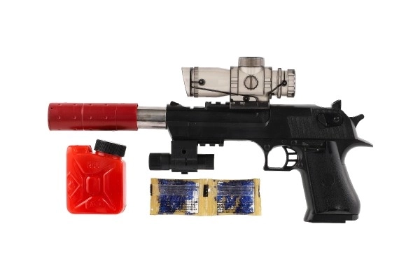 Pistolet plastique/métal 33cm pour billes d'eau + balles 9-11mm à piles avec lumière dans une boîte 34x13x4cm