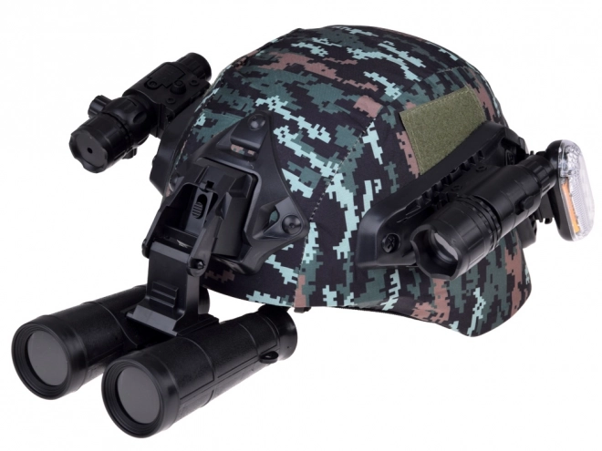 Ensemble d'équipement militaire avec casque, jumelles et talkie-walkie