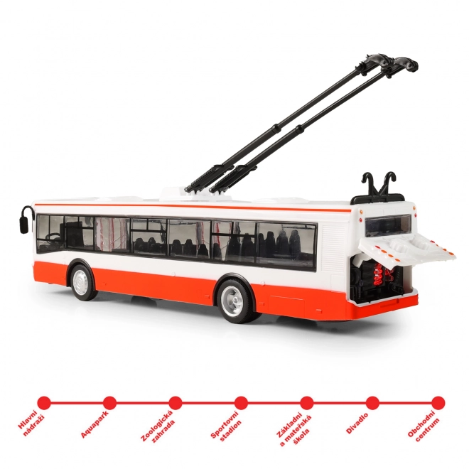 Trolleybus parlant tchèque en plastique 29cm rouge marche libre sur bat. avec lumière et son en boîte 33x11x10cm
